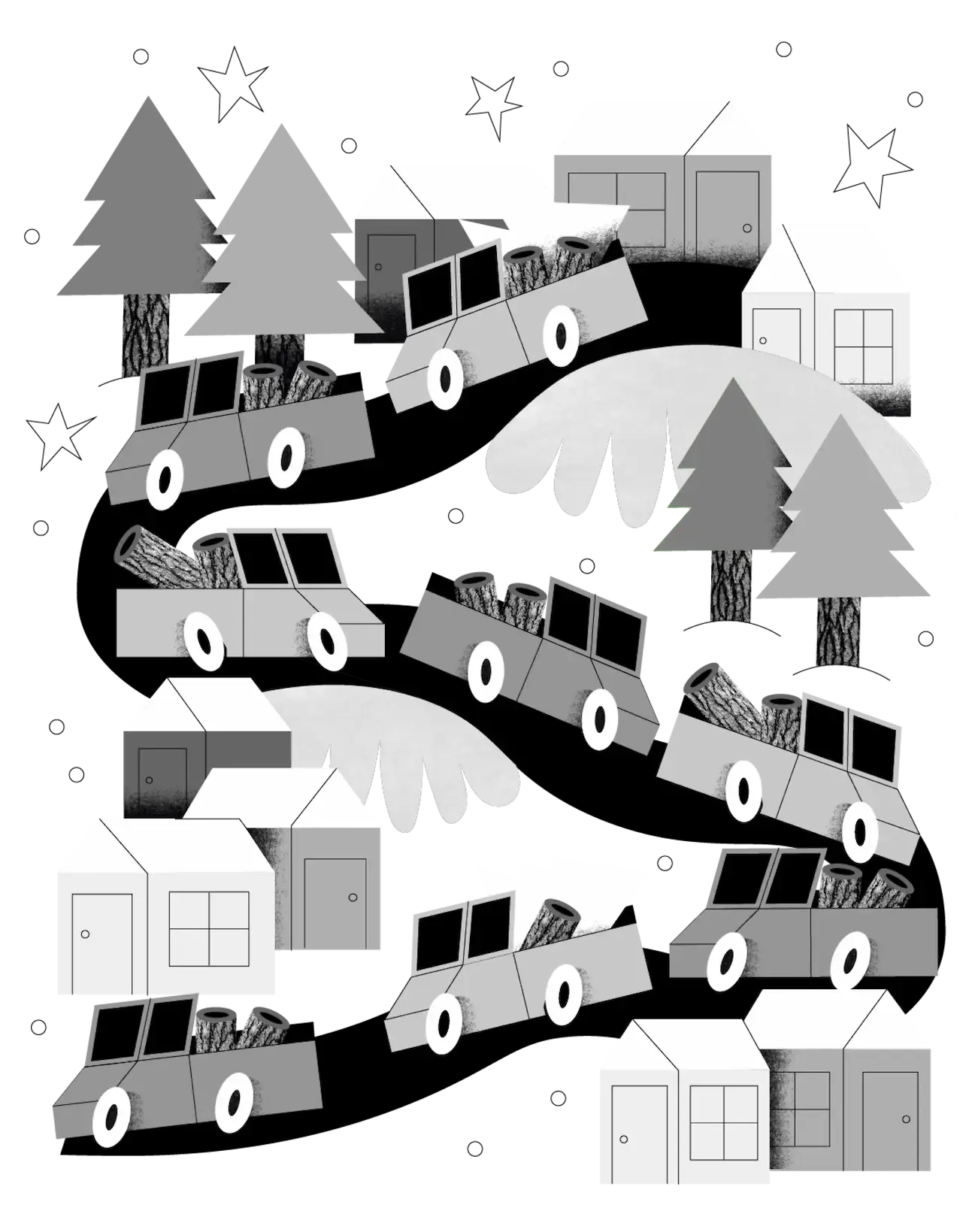 Illustration of cars drivin with christmas trees