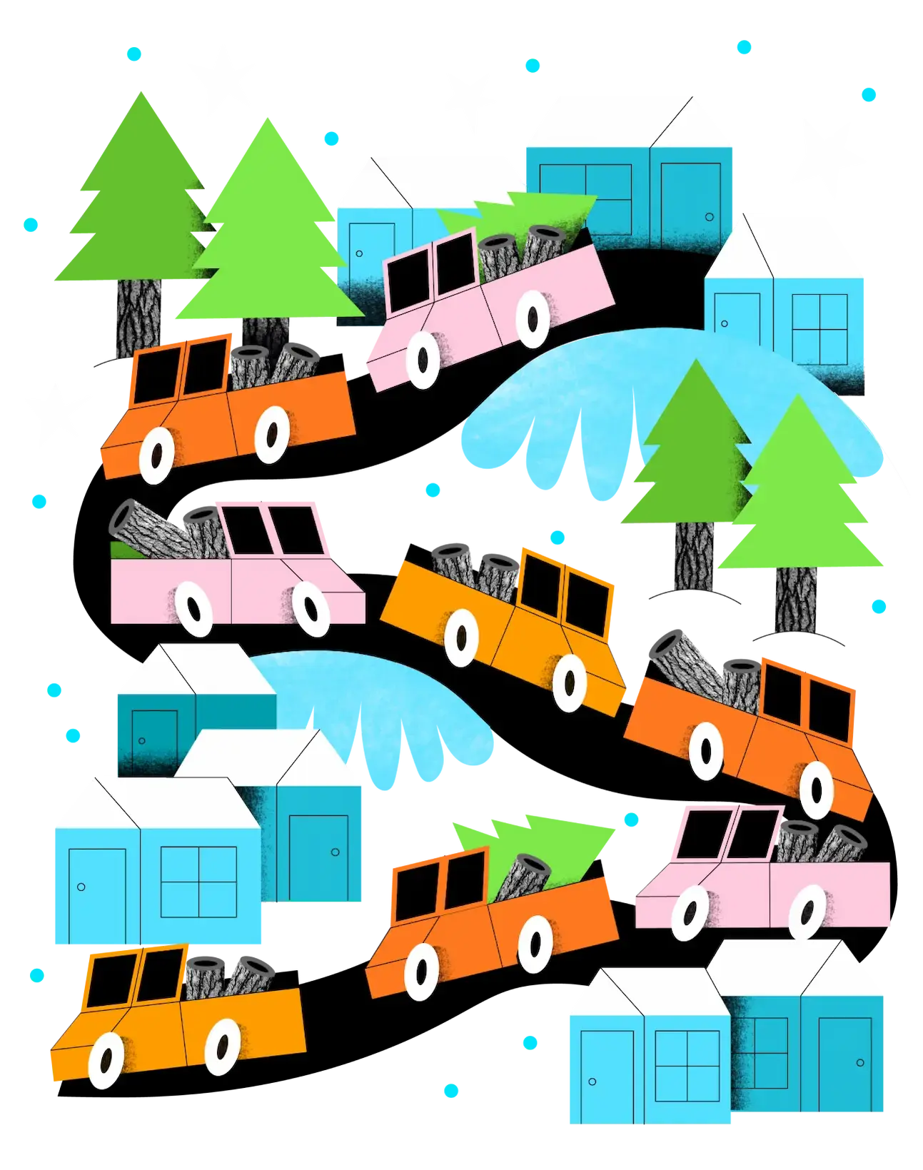 Illustration of cars drivin with christmas trees