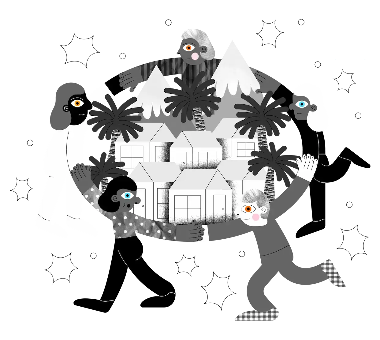 Illustration of people circled around a village