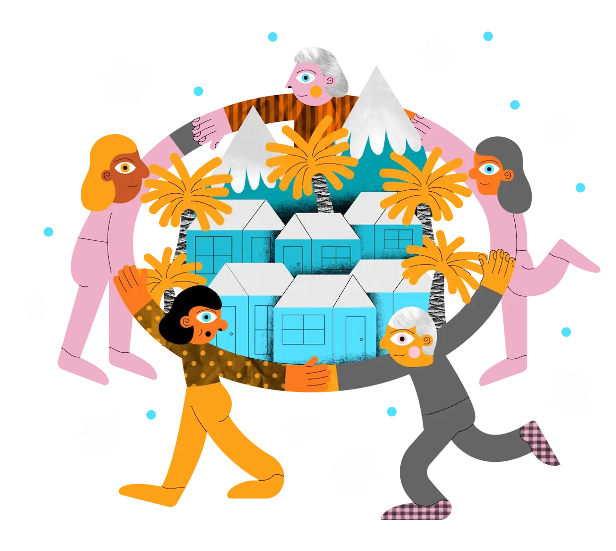 Illustration of people circled around a village