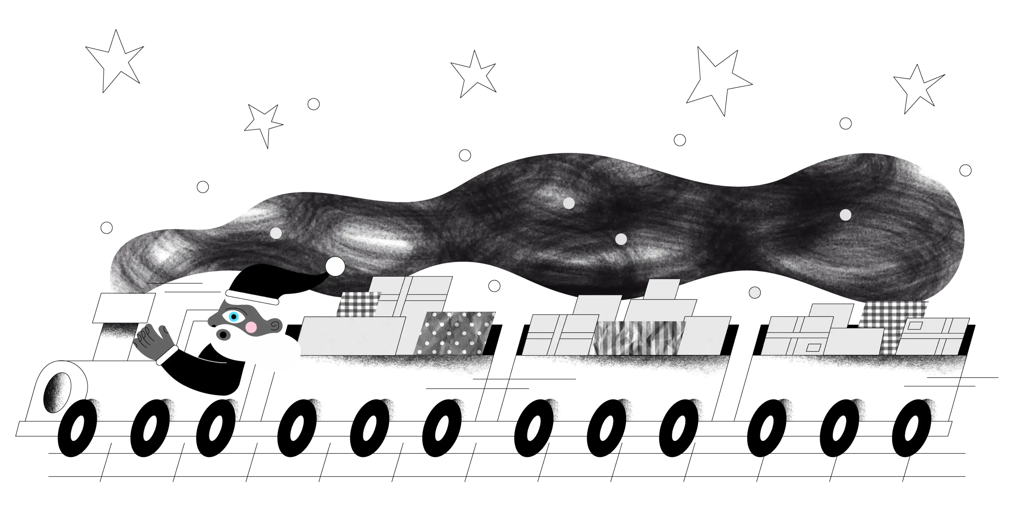 Santa Train illustration in black & white